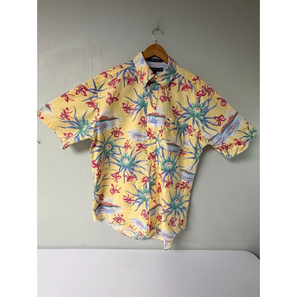 Vintage 2002 Tommy Hilfiger Men's L Yellow Tropical Floral Hawaiian Shirt